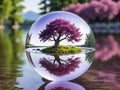 A hyperdetailed image of a glass sphere, inside of which is a tranquil lake, in whose center is a small island on which grows a Royalty Free Stock Photo