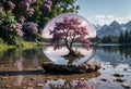 A hyperdetailed image of a glass sphere, inside of which is a tranquil lake, in whose center is a small island on which grows a Royalty Free Stock Photo