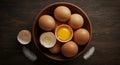 Farm Fresh Brown Eggs in Rustic Bowl Top Down View with Cracked Orange Yolk and Feather Royalty Free Stock Photo