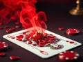 a hyperdetailed photorealistic macro image of a queen of hearts playing card lying on a card table. The queen is composed entirely