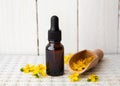 Hypericum perforatum known as perforate St John\'s-wort tincture or oil bottle with plant flowers for decoration on white.