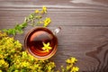 Hypericum perforatum or St Johns wort tea with fresh flowers, top view, copy space Royalty Free Stock Photo