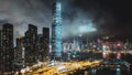 Hyperlapse time-lapse of Hong Kong cityscape at night at Victoria Harbour, drone aerial view