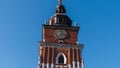 Hyperlapse, timelapse, summer day. View of town hall tower with clock in Kracow, Poland. 2019 WieÃâ¦ÃÂ¼a Ratuszowa, Crakow.