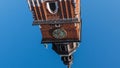 Hyperlapse, timelapse. View of town hall tower with clock in Kracow, Poland. 2019, Crakow.