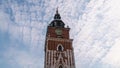 Hyperlapse, timelapse. View of town hall tower with clock in Kracow, Poland. 2019, Crakow.