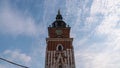 Hyperlapse, timelapse. View of town hall tower with clock in Kracow, Poland. 2019, Crakow.