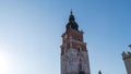 Hyperlapse, timelapse. View of town hall tower with clock in Kracow, Poland. 2019, Crakow.