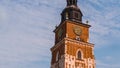 Hyperlapse, timelapse. View of town hall tower with clock in Kracow, Poland. 2019, Crakow.