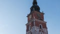 Hyperlapse, timelapse. View of town hall tower with clock in Kracow, Poland. 2019, Crakow.