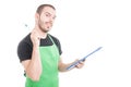 Hypermarket seller with great idea coming holding clipboard Royalty Free Stock Photo