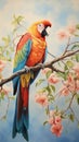 Hyperrealist Painting Of A Parrot Perched On A Blooming Tree Branch
