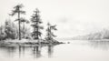 Romanticized Black And White Pencil Drawing Of Pine Trees By The Lake Royalty Free Stock Photo