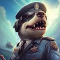 Hyperrealistic Animal Officer Cartoon In Front Of Ship