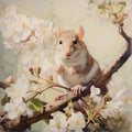 Realistic Painting Of Rat On Branch With Flowers: A Joyful And Optimistic Artwork