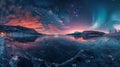 Hyperrealistic aurora borealis over frozen lake at night in wide angle with vivid colors