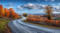 Hyperrealistic autumn foliage landscape vibrant colors, winding road, clear sky in ultra wide view