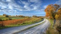 Hyperrealistic autumn landscape with vibrant foliage, winding road, and clear blue sky view