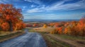 Hyperrealistic autumn scene vibrant foliage, countryside road, blue sky, wide angle lens
