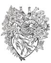 Hyperrealistic black and white coloring page of a human heart with a floral pattern.