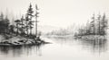 Hyperrealistic Black And White Drawing Of Pine Trees Along Water Royalty Free Stock Photo
