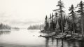 Hyperrealistic Black And White Drawing Of Pine Trees By A Lake Royalty Free Stock Photo