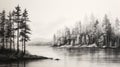 Hyperrealistic Black And White Drawing: Pine Trees By The Lake Royalty Free Stock Photo