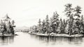 Hyperrealistic Black And White Drawing Of Pine Trees By The Lake