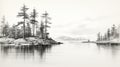 Hyperrealistic Black And White Landscape Drawing Of Pine Trees By The Shore