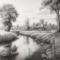 Hyperrealistic Black And White Landscape Drawing Of A River And House