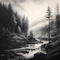 Hyperrealistic Black And White Landscape Painting: Forest And River