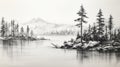 Hyperrealistic Black And White Painting: Serene Pine Trees By The Lake Royalty Free Stock Photo