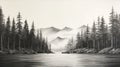 Hyperrealistic Black And White Painting Of Trees And Water