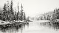 Hyperrealistic Black And White Pencil Sketch Of Pine Trees By A Lake Royalty Free Stock Photo