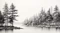 Hyperrealistic Black And White Pine Trees Sketch By The Lake