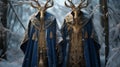 Hyperrealistic Blue And Gold Robed Characters In A Snowy Forest