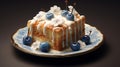 Hyperrealistic Bread Pudding With Blue Sakura Flower Cake