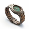 Hyperrealistic Bronze Patina Wristwatch With Green Face And Silver Bracelet