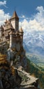 Hyperrealistic Castle Painting With Mountainous Vistas