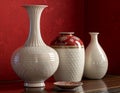 Hyperrealistic Ceramic Vases Still Life on Red Background â AI Generated Royalty Free Stock Photo