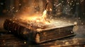 A hyperrealistic close-up of an ancient leather-bound book with elemental symbols etched on its cover. Sparks fly from the book as Royalty Free Stock Photo