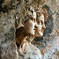 A hyperrealistic close-up of a chipped and faded fresco on the wall of an ancient house