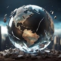 Hyperrealistic close-up of damaged earth globe made of transparent glass cracked into large fragments, dark gradient background