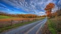 Hyperrealistic countryside vibrant fall foliage winding road under crisp blue sky