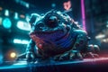 Hyperrealistic Cyberpunk Toad in Neon Rococo Cityscape