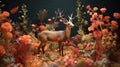 A Hyperrealistic 3d Deer Among Colorful Flowers In A Dark Room