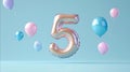 hyperrealistic 3D letters balloon font 5 Frontal camera The 3D number is isolated on a seamless blue background creating a Royalty Free Stock Photo