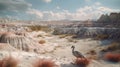 Hyperrealistic Depiction Of Badlands With White Sand Desert, Fading Colors, And A Flamingo In The Distance