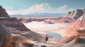 Hyperrealistic Depiction Of Badlands With White Sand Desert, Fading Colors, And A Flamingo In The Distance