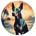 Hyperrealistic Doberman Dog Pillow With Exotic Beachside Composition